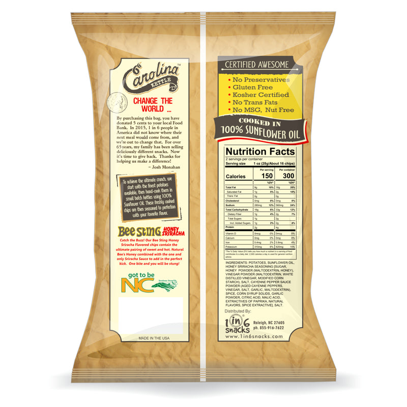 1 in 6 Snacks Carolina Honey Sriracha Kettle Cooked Potato Chips 5 oz Bagged, Pack of 14