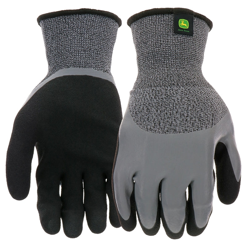 John Deere JD30500-L Double-Dipped Gloves, L, 4-1/4 in L, Knit Wrist, Seamless Cuff, Latex Coating, Black/Gray