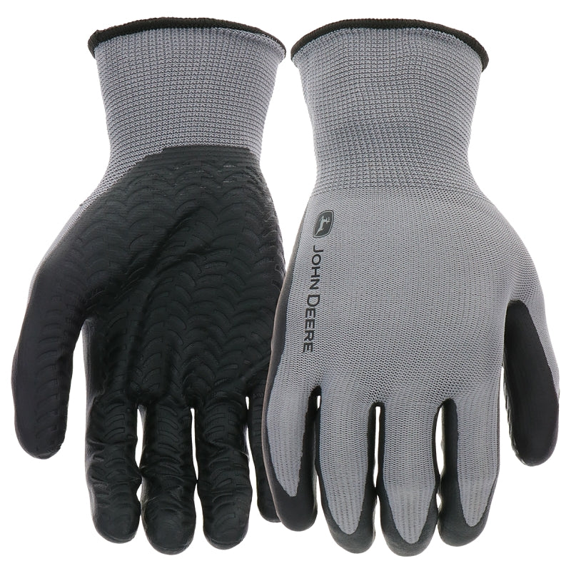 John Deere JD37215-L Gloves, Men's, L, 4-1/4 in L, Knit Wrist, Seamless Cuff, Nitrile Coating, Black/Gray