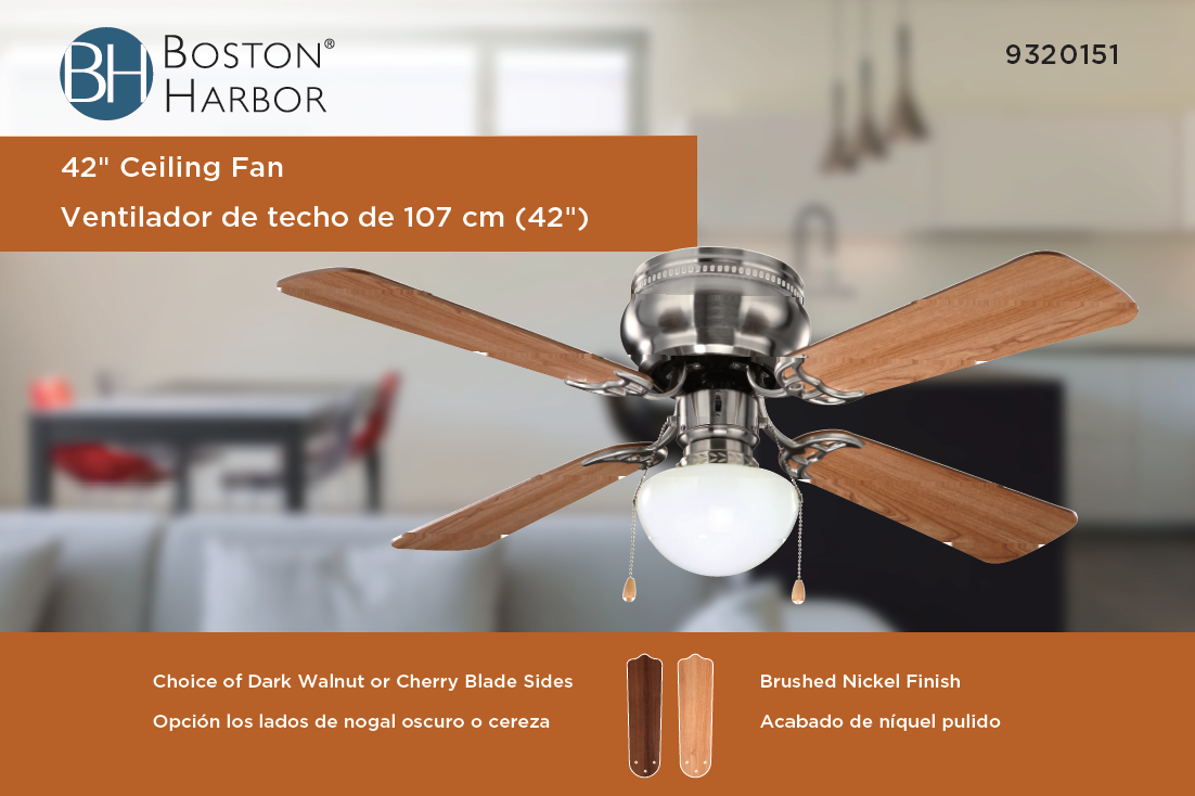 Boston Harbor 42-742T-MR-EN-BN Ceiling Fan, 4-Blade, Dark Walnut/Cherry Blade, 42 in Sweep, 3-Speed, With Lights: Yes