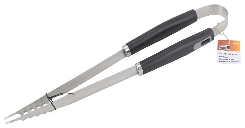 Omaha BBQ-22779-06 BBQ Tongs, 1.5 mm, Stainless Steel Blade, Stainless Steel, Plastic Handle, Straight Handle, 16 in OAL