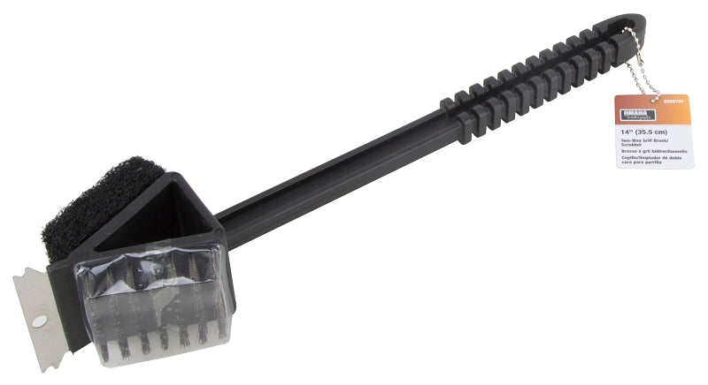 Omaha BBQ-37126 2-Way Grill Brush/Scrubber, 2-3/8 in L Brush, 2-1/4 in W Brush, Stainless Steel Bristle, Plastic Handle