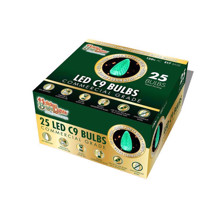 Holiday Bright Lights LED C9 Green 25 ct Replacement Christmas Light Bulbs