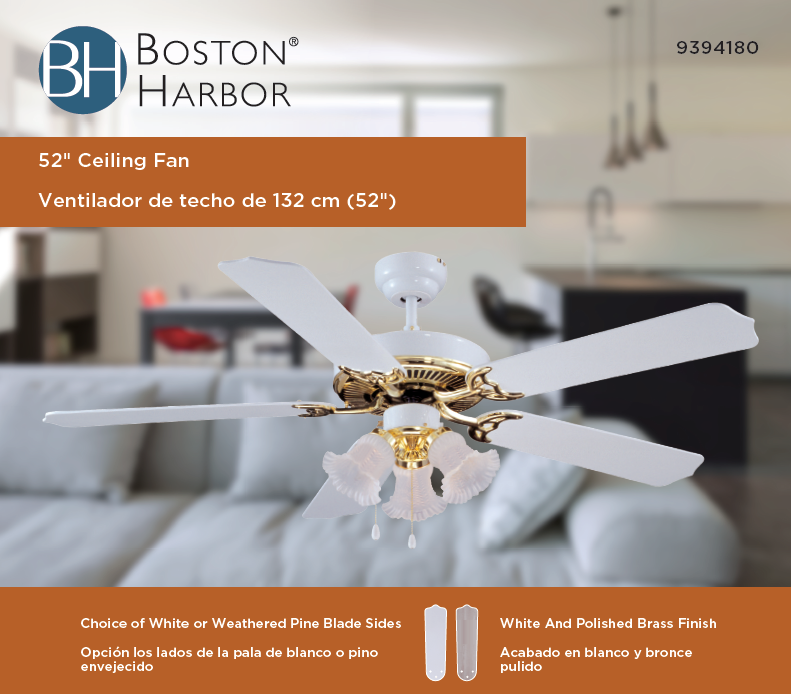 Boston Harbor CF-78025L Ceiling Fan, 0.8 A, 120 V, 5-Blade, 52 in Sweep, 2942 cfm Air