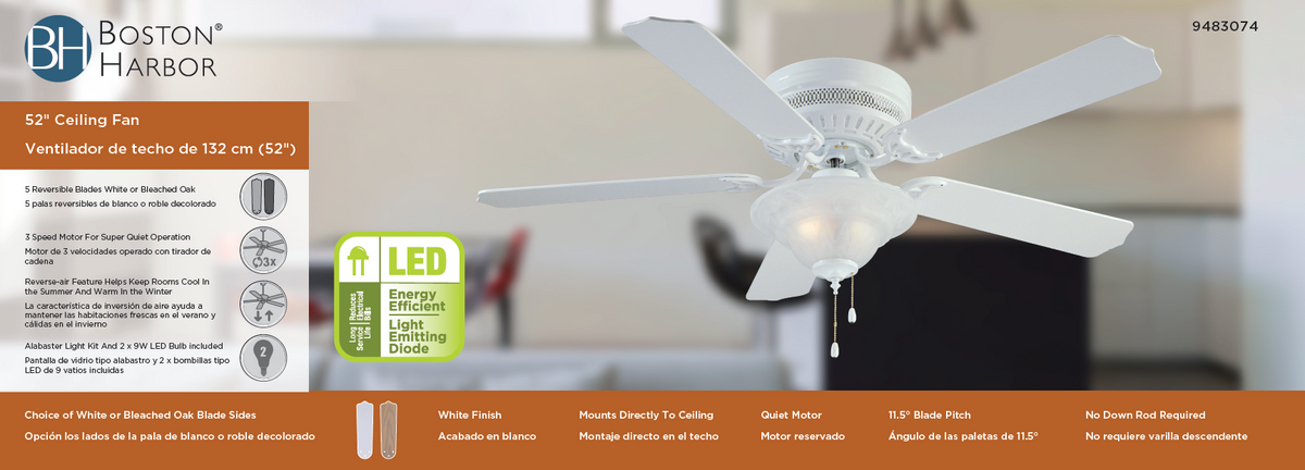 Boston Harbor CF-B-652+1F242WH Low Profile Ceiling Fan, 5-Blade, Bleached Oak/White Blade, 52 in Sweep, 3-Speed