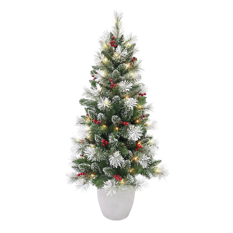 Puleo Asia Limited 333-5190-ST40LW1-BO Spokane Snowy Potted Tree, 4 ft H, Fir Family, Battery, LED, Warm White Light