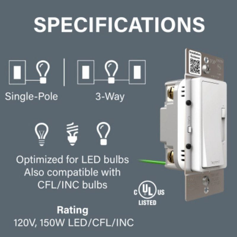 Legrand radiant Series RHL153PW Advanced Dimmer, 1.25 A, 120 V, 150 W, CFL, Incandescent, LED Lamp, 3-Way, White