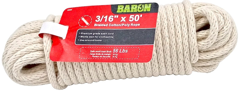 Baron 42605 Cord, 3/16 in Dia, 50 ft L, 56 lb Working Load, Cotton/Poly, White