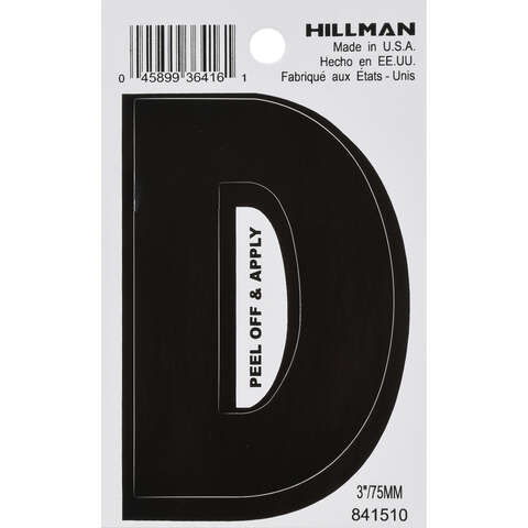 HILLMAN 3 in. Black Vinyl Self-Adhesive Letter D 1 pc, Pack of 6