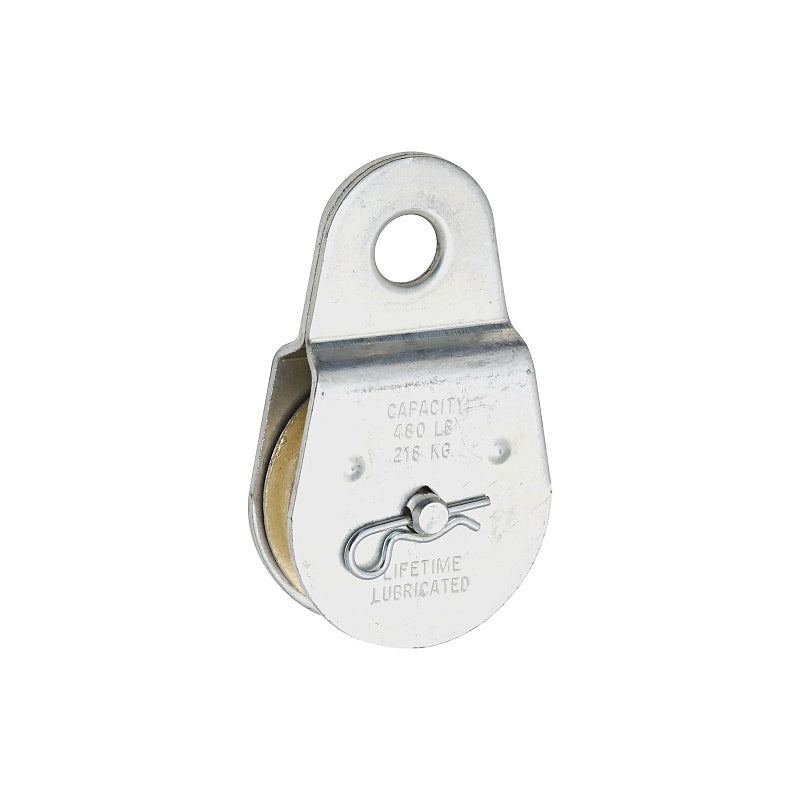 National Hardware N195-818 Pulley, Fixed, Single, 1/2 in Dia Eye, 3/8 in Rope, 480 lb Working Load, 2 in Sheave, Zinc