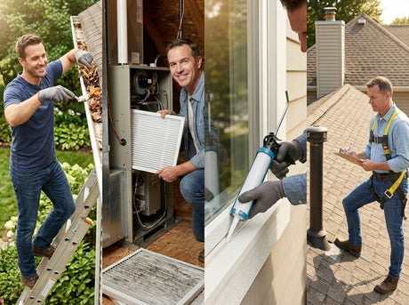 four panels oh a home owner working on maintaining his home