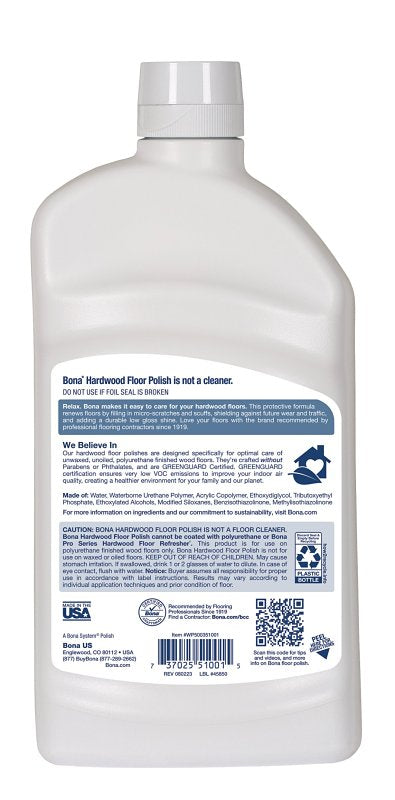 Bona WP500351001 Floor Polish, 32 oz, White, Liquid, Water/Aqua, Acrylic Copolymer, Tributoxyethyl Phosphate
