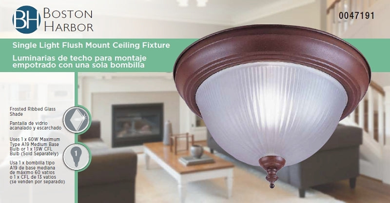 Boston Harbor RF04 Single Light Flush Mount Ceiling Fixture, 120 V, 60 W, 1-Lamp, A19 or CFL Lamp, Sienna Fixture