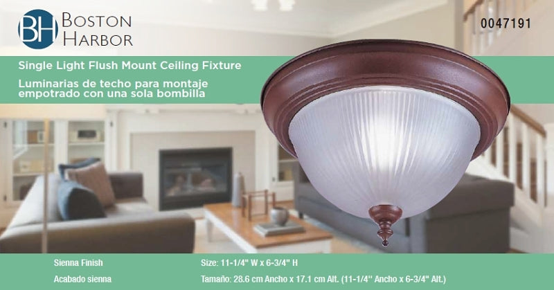Boston Harbor RF04 Single Light Flush Mount Ceiling Fixture, 120 V, 60 W, 1-Lamp, A19 or CFL Lamp, Sienna Fixture