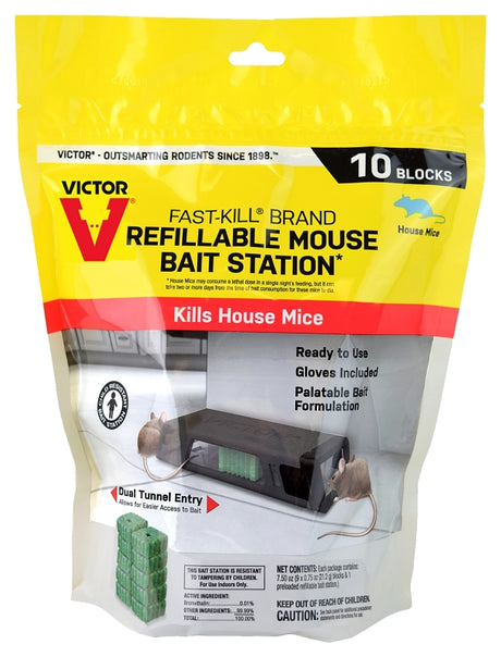 Victor M922 Mouse Bait Station, Includes: (9) Bait Block Refills, Disposable Gloves, 2-Opening, Plastic