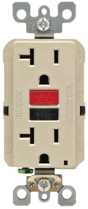 Leviton R99-GFNT2-0RI GFCI Duplex Receptacle, Polycarbonate, Ivory, 2-Pole, 20 A, 125 V, Wall Mounting