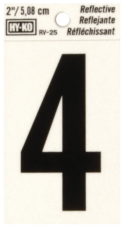 Hy-Ko RV-25 Series RV-25/4 Self-Adhesive Reflective Number, Character: 4, 2 in H Character, Black Character, Vinyl, Pack of 10
