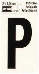 Hy-Ko RV-25/P Reflective Letter, 1-1/2 in W x 3 in H Dimensions, Character: P, 2 in H Character, Black Character, Vinyl, Pack of 10
