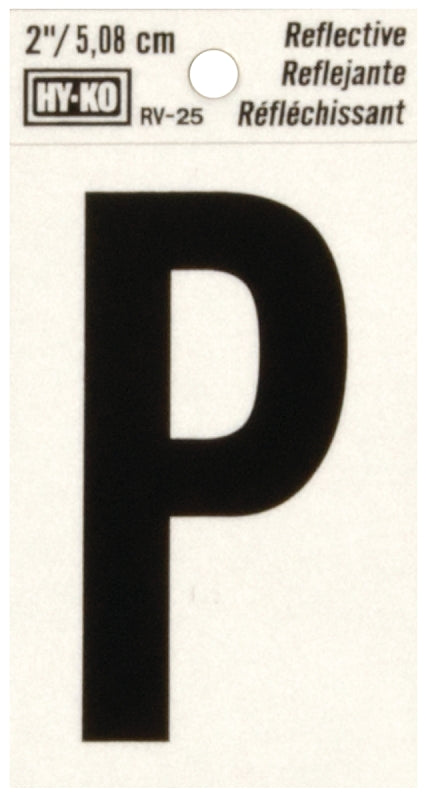 Hy-Ko RV-25/P Reflective Letter, 1-1/2 in W x 3 in H Dimensions, Character: P, 2 in H Character, Black Character, Vinyl, Pack of 10