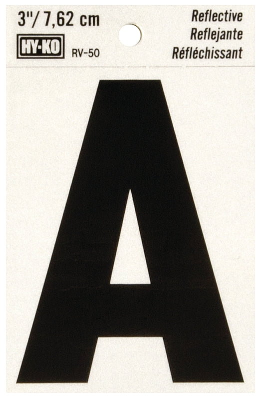Hy-Ko RV-50 Series RV-50/A Self-Adhesive Reflective Letter, Character: A, 3 in H Character, Black Character, Vinyl, Pack of 10