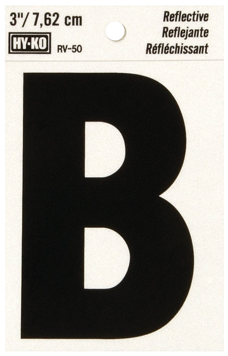 Hy-Ko RV-50/B Reflective Letter, 2-1/2 in W x 4 in H Dimensions, Character: B, 3 in H Character, Black Character, Vinyl, Pack of 10