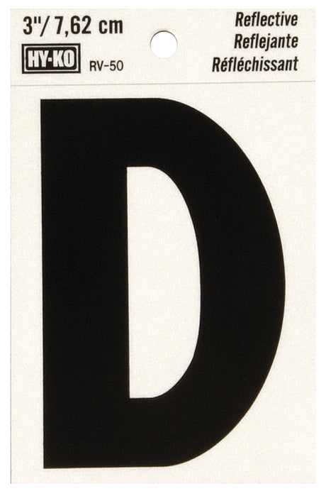 Hy-Ko RV-50/D Reflective Letter, 2-1/2 in W x 4 in H Dimensions, Character: D, 3 in H Character, Black Character, Vinyl, Pack of 10