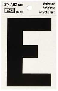 Hy-Ko RV-50/E Reflective Letter, 2-1/2 in W x 4 in H Dimensions, Character: E, 3 in H Character, Black Character, Vinyl, Pack of 10