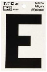 Hy-Ko RV-50/E Reflective Letter, 2-1/2 in W x 4 in H Dimensions, Character: E, 3 in H Character, Black Character, Vinyl, Pack of 10