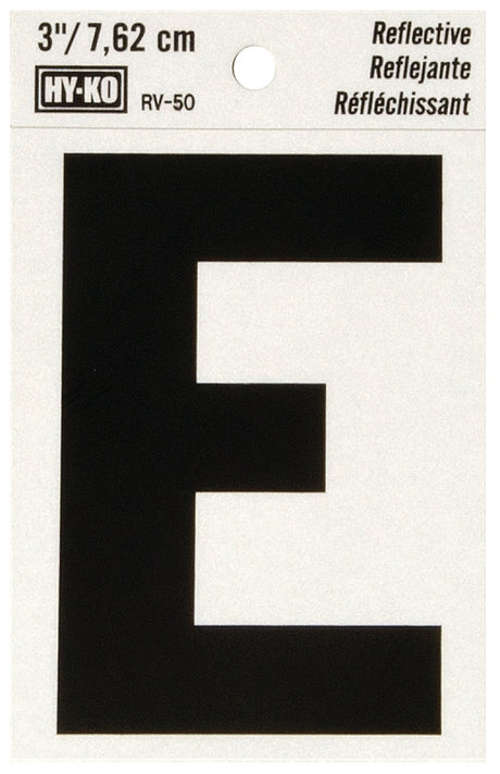 Hy-Ko RV-50/E Reflective Letter, 2-1/2 in W x 4 in H Dimensions, Character: E, 3 in H Character, Black Character, Vinyl, Pack of 10