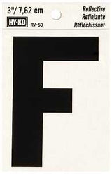Hy-Ko RV-50/F Reflective Letter, 2-1/2 in W x 4 in H Dimensions, Character: F, 3 in H Character, Black Character, Vinyl, Pack of 10