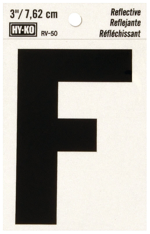 Hy-Ko RV-50/F Reflective Letter, 2-1/2 in W x 4 in H Dimensions, Character: F, 3 in H Character, Black Character, Vinyl, Pack of 10