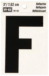 Hy-Ko RV-50/F Reflective Letter, 2-1/2 in W x 4 in H Dimensions, Character: F, 3 in H Character, Black Character, Vinyl, Pack of 10