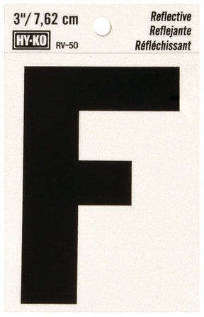 Hy-Ko RV-50/F Reflective Letter, 2-1/2 in W x 4 in H Dimensions, Character: F, 3 in H Character, Black Character, Vinyl, Pack of 10