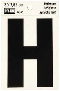 Hy-Ko RV-50/H Reflective Letter, 2-1/2 in W x 4 in H Dimensions, Character: H, 3 in H Character, Black Character, Vinyl, Pack of 10