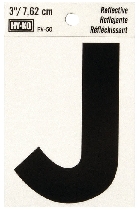 Hy-Ko RV-50/J Reflective Letter, 2-1/2 in W x 4 in H Dimensions, Character: J, 3 in H Character, Black Character, Vinyl, Pack of 10
