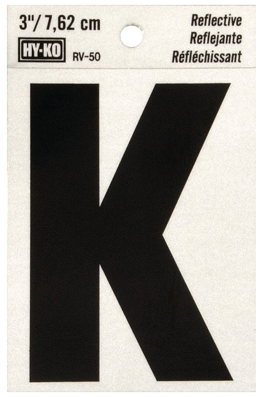 Hy-Ko RV-50 Series RV-50/K Self-Adhesive Reflective Letter, Character: K, 3 in H Character, Black Character, Vinyl, Pack of 10