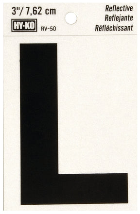 Hy-Ko RV-50/L Reflective Letter, 2-1/2 in W x 4 in H Dimensions, Character: L, 3 in H Character, Black Character, Vinyl, Pack of 10
