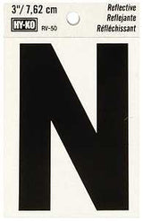 Hy-Ko RV-50/N Reflective Letter, 2-1/2 in W x 4 in H Dimensions, Character: N, 3 in H Character, Black Character, Vinyl, Pack of 10