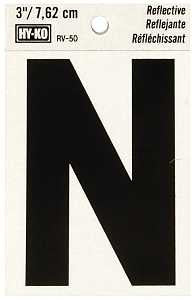 Hy-Ko RV-50/N Reflective Letter, 2-1/2 in W x 4 in H Dimensions, Character: N, 3 in H Character, Black Character, Vinyl, Pack of 10