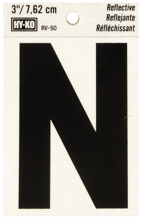 Hy-Ko RV-50/N Reflective Letter, 2-1/2 in W x 4 in H Dimensions, Character: N, 3 in H Character, Black Character, Vinyl, Pack of 10