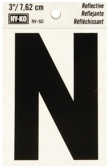Hy-Ko RV-50/N Reflective Letter, 2-1/2 in W x 4 in H Dimensions, Character: N, 3 in H Character, Black Character, Vinyl, Pack of 10