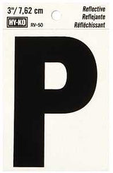 Hy-Ko RV-50/P Reflective Letter, 2-1/2 in W x 4 in H Dimensions, Character: P, 3 in H Character, Black Character, Vinyl, Pack of 10