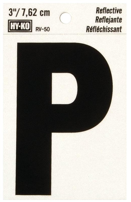Hy-Ko RV-50/P Reflective Letter, 2-1/2 in W x 4 in H Dimensions, Character: P, 3 in H Character, Black Character, Vinyl, Pack of 10