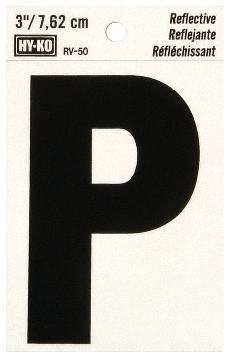 Hy-Ko RV-50/P Reflective Letter, 2-1/2 in W x 4 in H Dimensions, Character: P, 3 in H Character, Black Character, Vinyl, Pack of 10