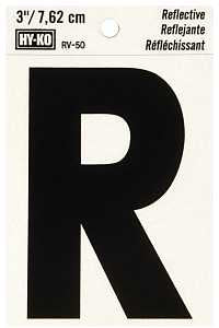 Hy-Ko RV-50/R Reflective Letter, 2-1/2 in W x 4 in H Dimensions, Character: R, 3 in H Character, Black Character, Vinyl, Pack of 10
