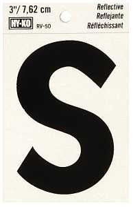 Hy-Ko RV-50/S Reflective Letter, 2-1/2 in W x 4 in H Dimensions, Character: S, 3 in H Character, Black Character, Vinyl, Pack of 10