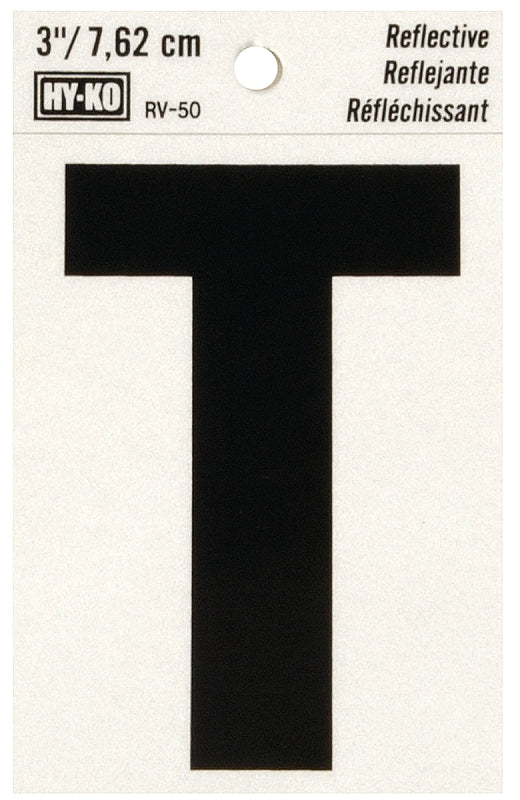 Hy-Ko RV-50 Series RV-50/T Self-Adhesive Reflective Letter, Character: T, 3 in H Character, Black Character, Vinyl, Pack of 10