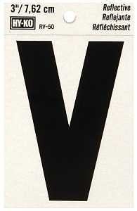 Hy-Ko RV-50/V Reflective Letter, 2-1/2 in W x 4 in H Dimensions, Character: V, 3 in H Character, Black Character, Vinyl, Pack of 10