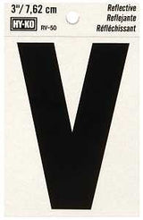 Hy-Ko RV-50/V Reflective Letter, 2-1/2 in W x 4 in H Dimensions, Character: V, 3 in H Character, Black Character, Vinyl, Pack of 10