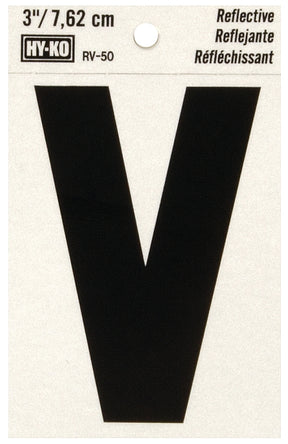 Hy-Ko RV-50/V Reflective Letter, 2-1/2 in W x 4 in H Dimensions, Character: V, 3 in H Character, Black Character, Vinyl, Pack of 10